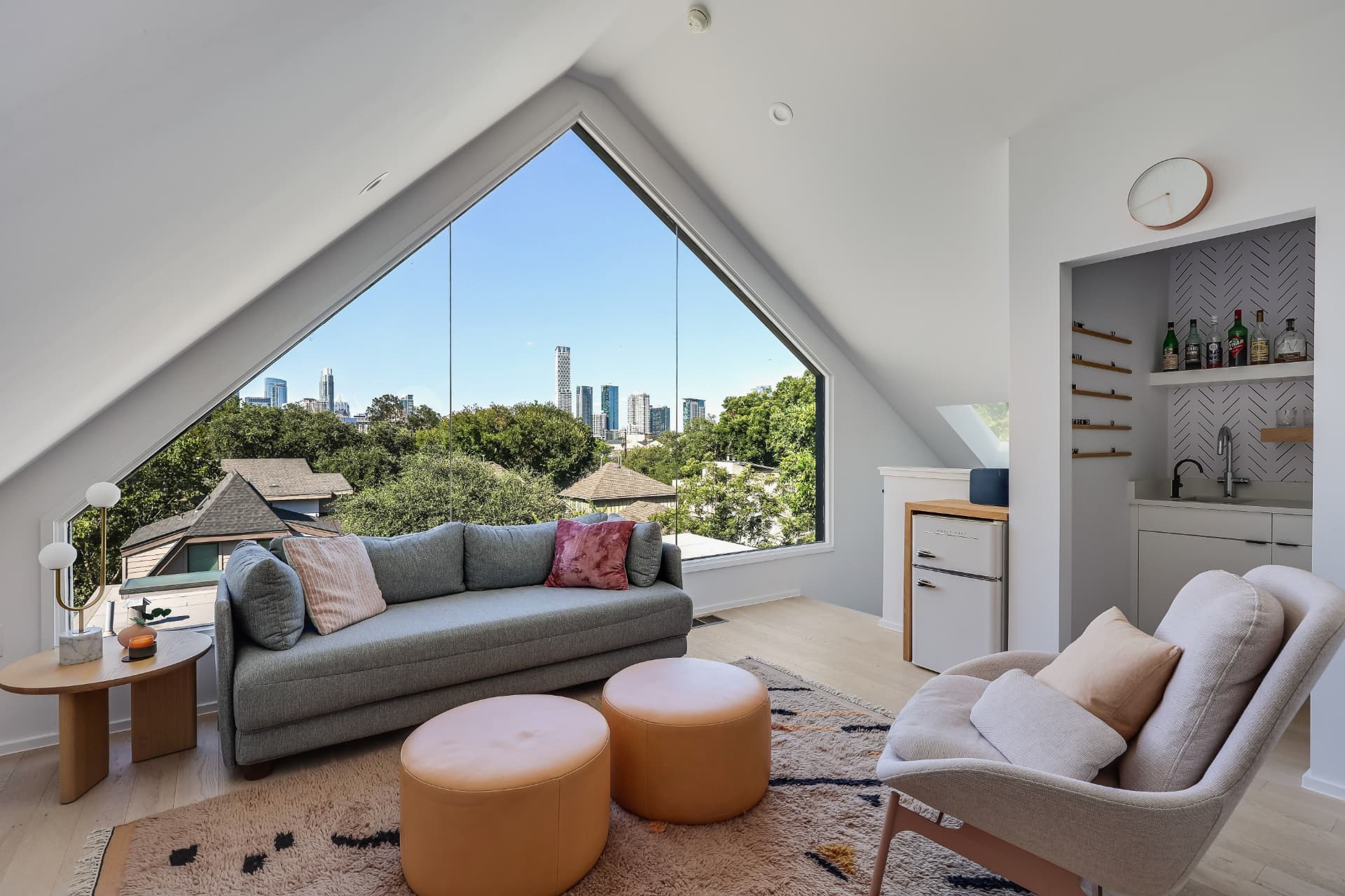 Upstairs lounge with downtown Austin skyline views