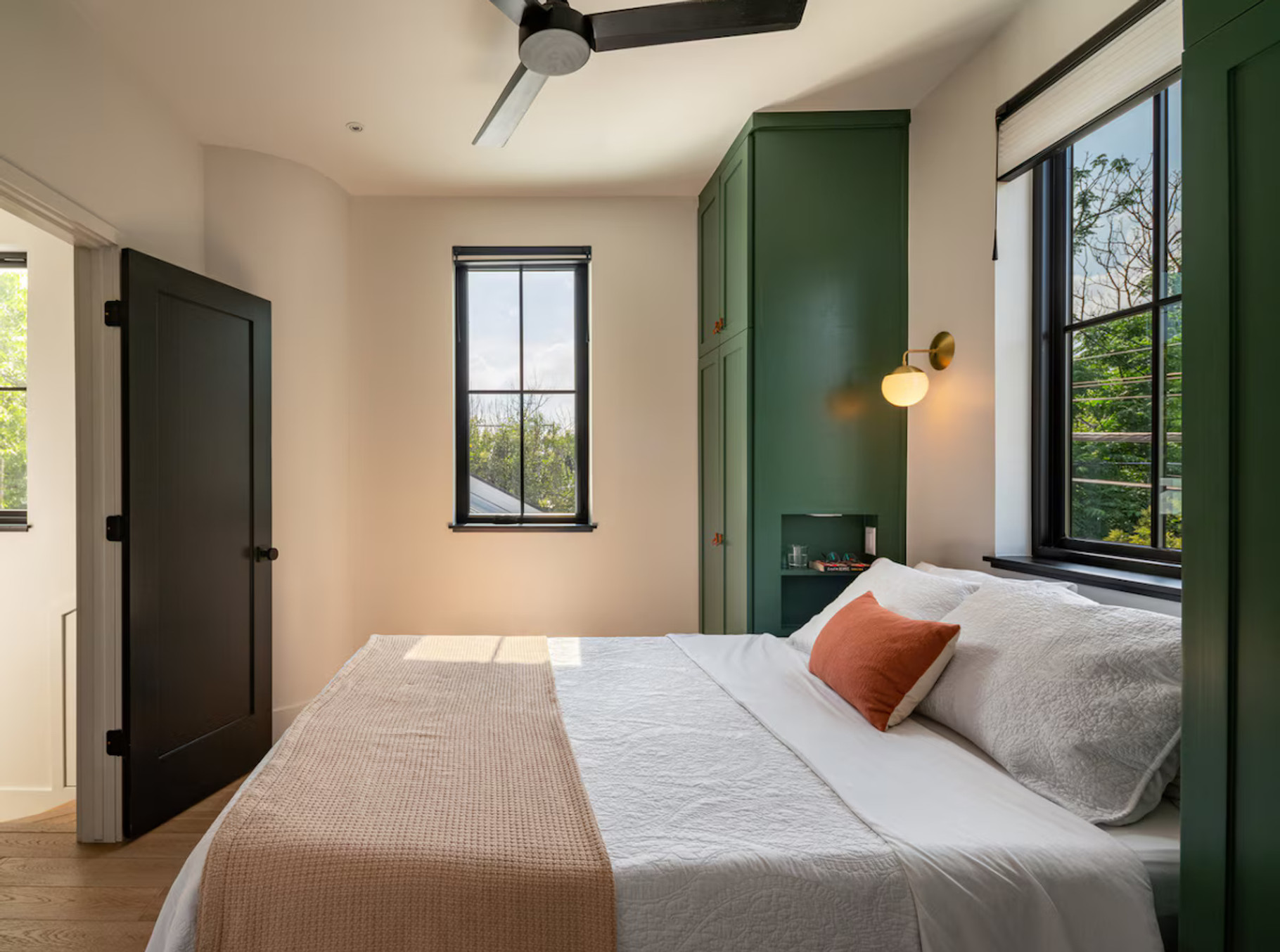 Softly lit casita bedroom in an Austin-area property